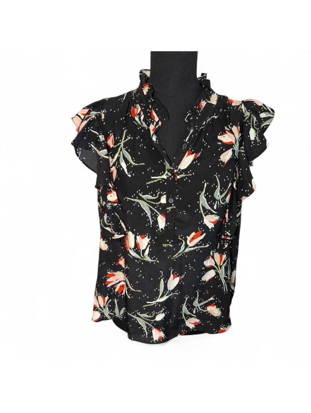 Rebecca Taylor Ikat Black Floral Silk Blouse Size 8